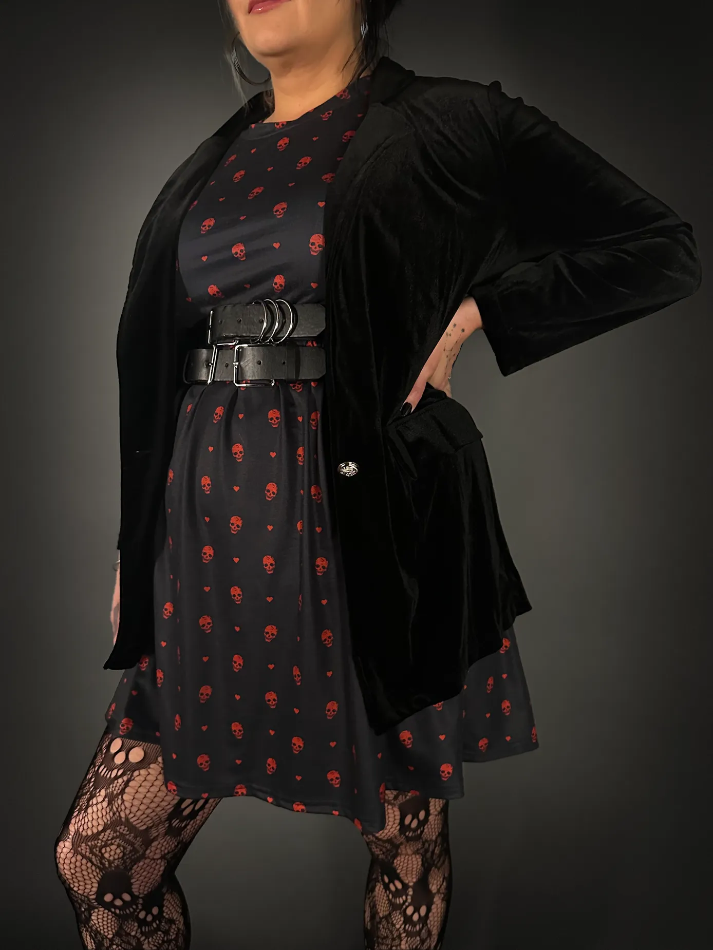 Outfit Set - Tommyrot "Hearts & Skulls" Skater Dress & Vintage Style Velvet Blazer in Black