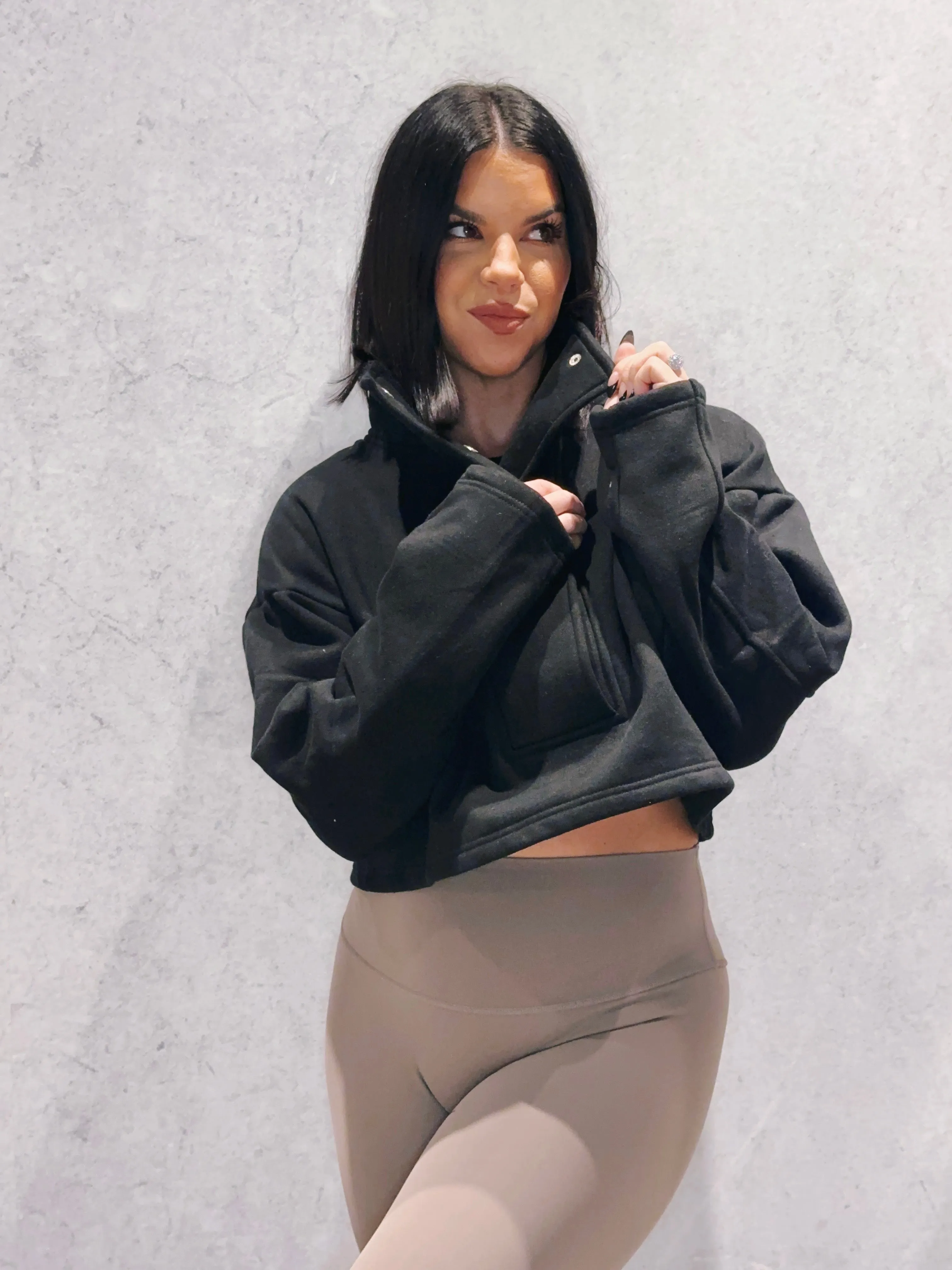 Oversized Funnel-Neck Crop Sweatshirt | Black