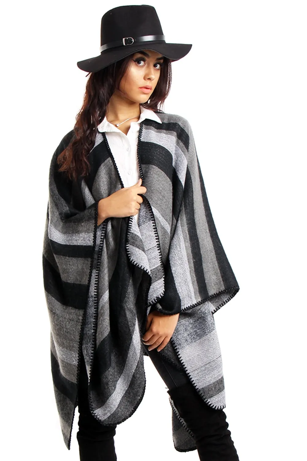 Oversized Grey Stripe Blanket Cape