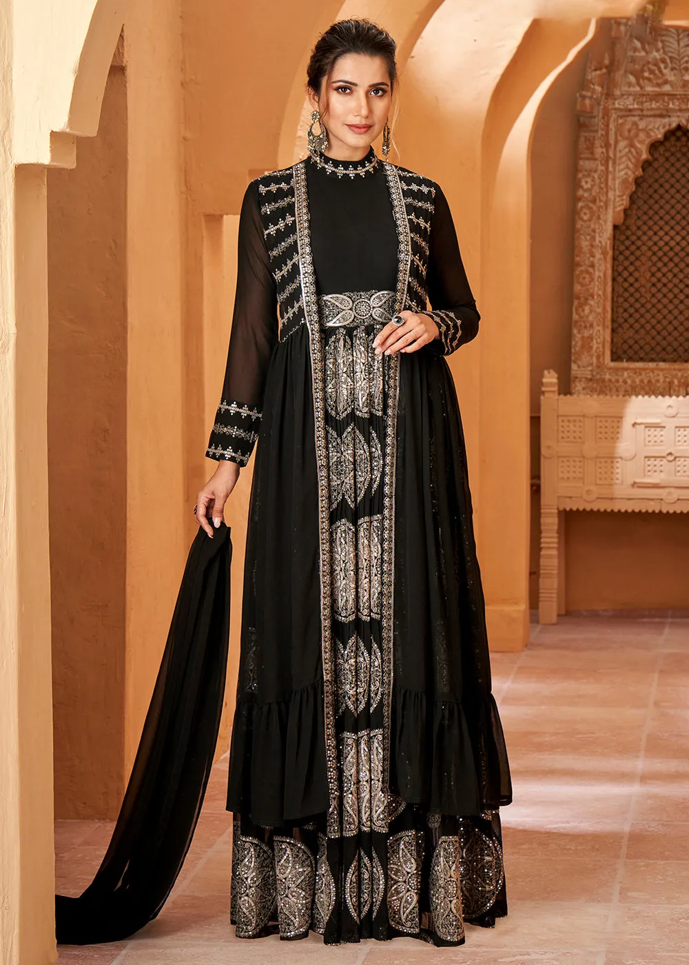 Party Wear Divine Charcoal Black Jacket Style Anarkali Dress