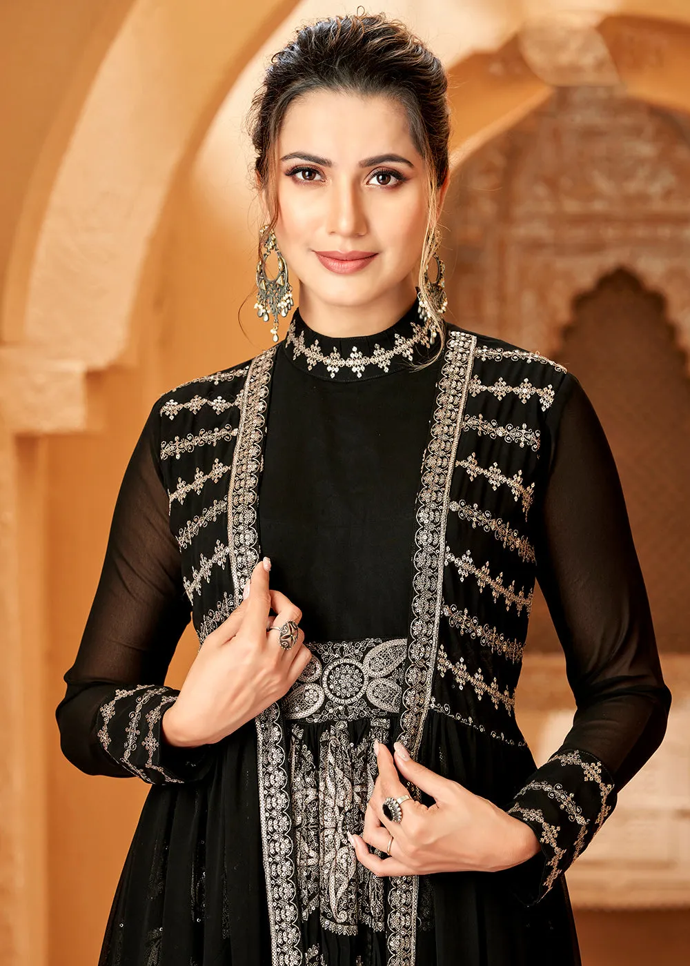 Party Wear Divine Charcoal Black Jacket Style Anarkali Dress