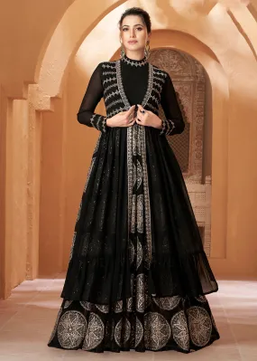 Party Wear Divine Charcoal Black Jacket Style Anarkali Dress