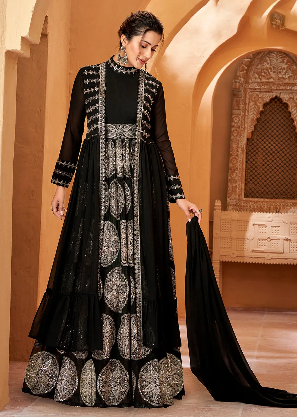 Party Wear Divine Charcoal Black Jacket Style Anarkali Dress