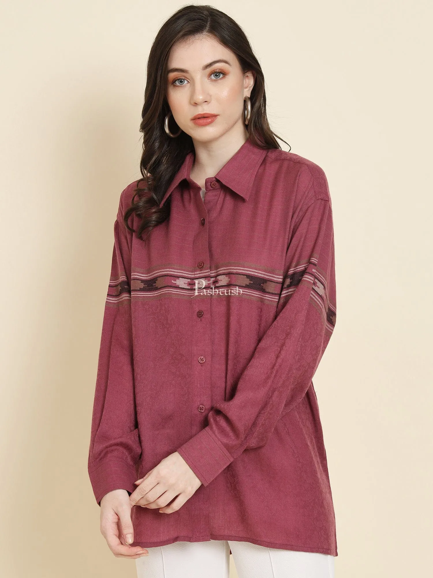 Pashtush Womens Oversized Casual Woollen Shirt, Burgundy