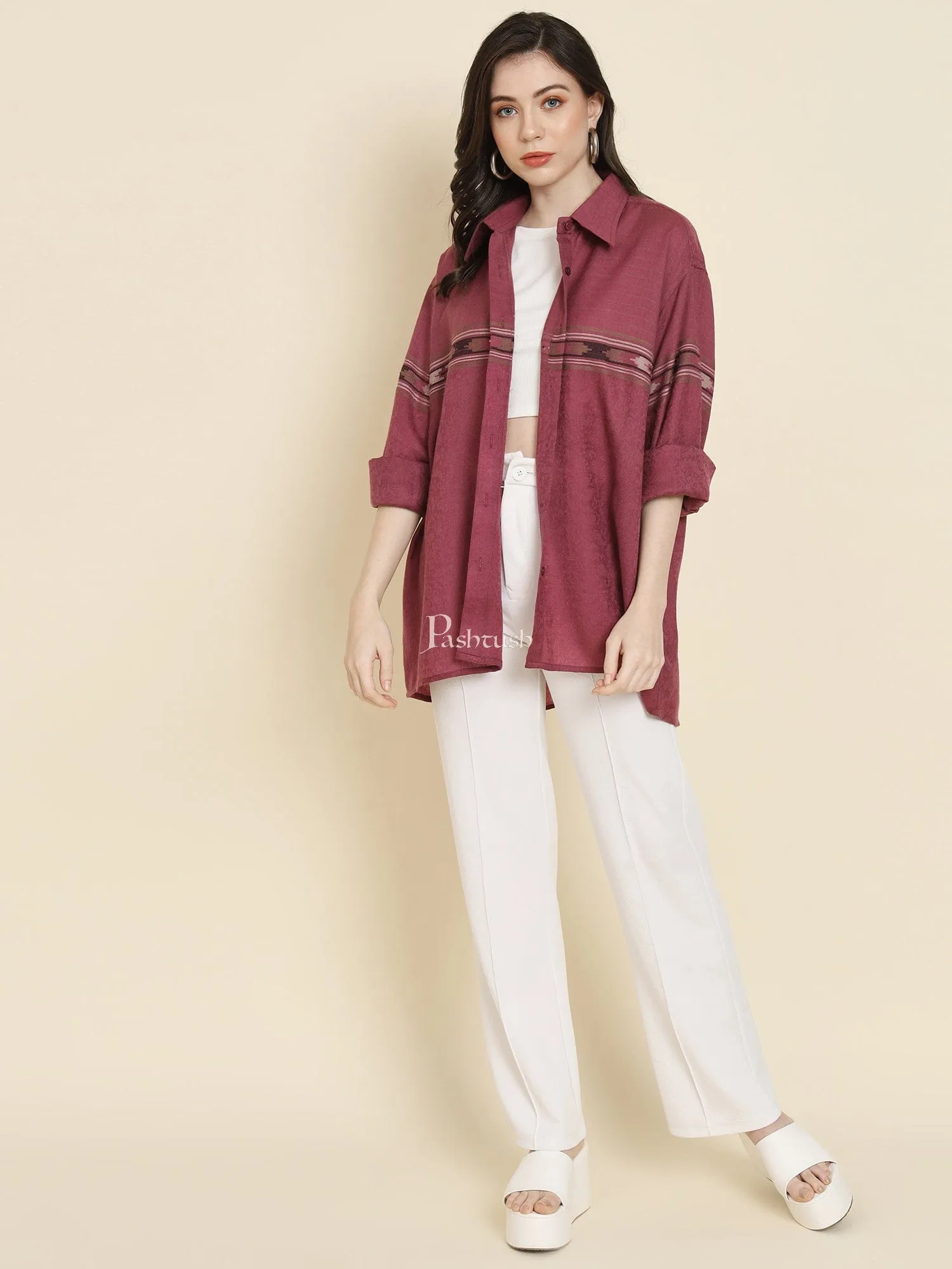 Pashtush Womens Oversized Casual Woollen Shirt, Burgundy