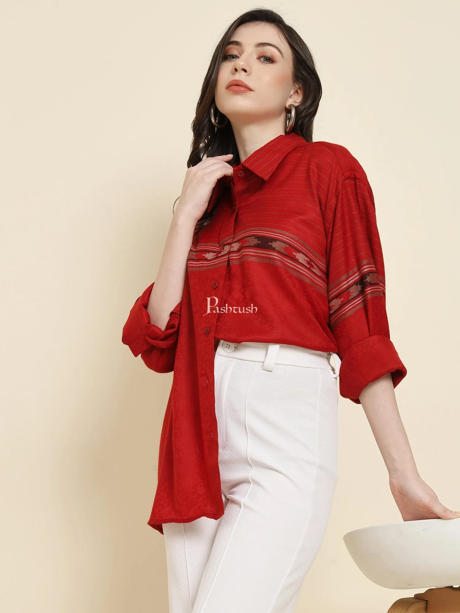 Pashtush Womens Oversized Casual Woollen Shirt, Cherry Red