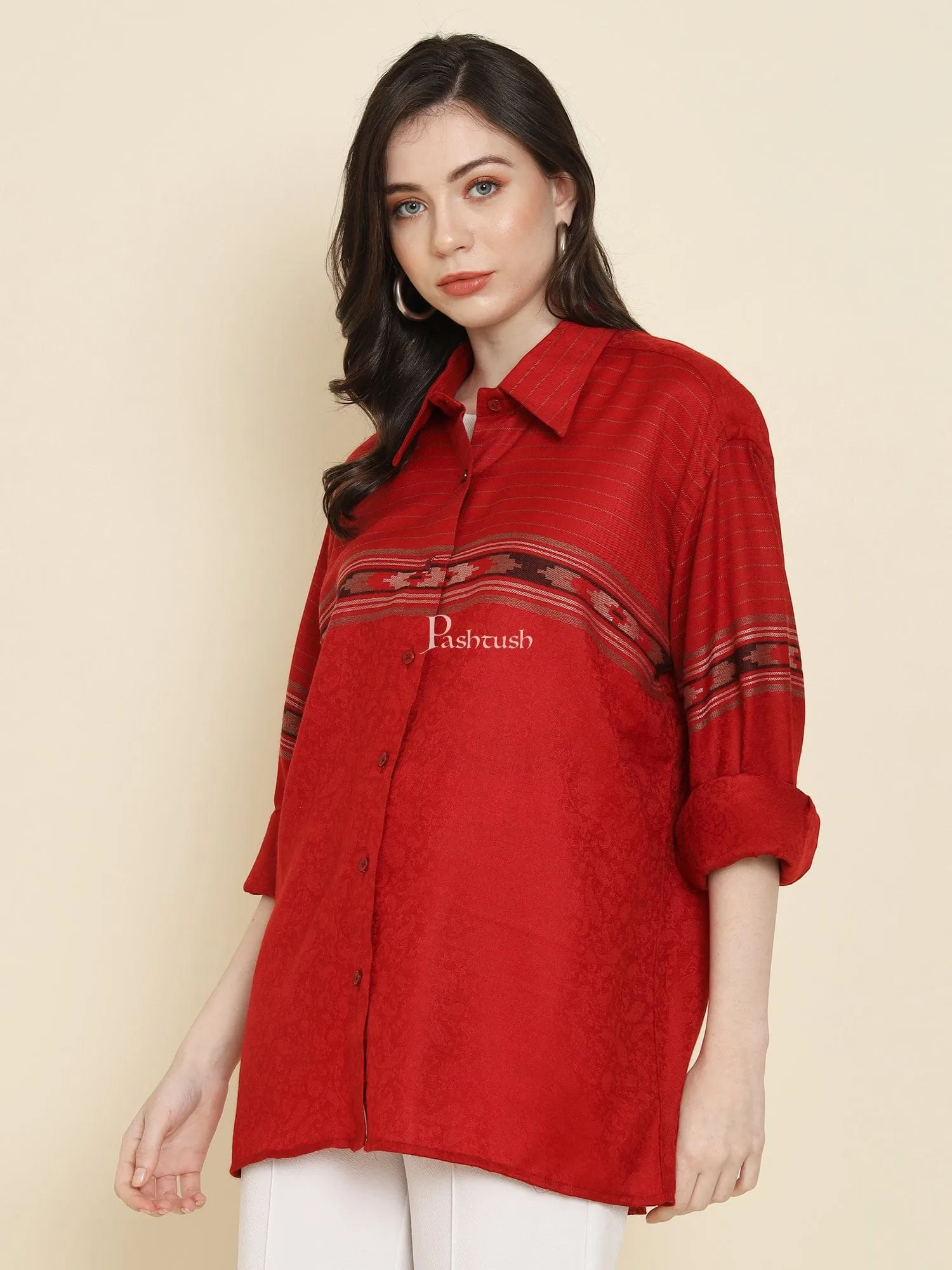 Pashtush Womens Oversized Casual Woollen Shirt, Cherry Red