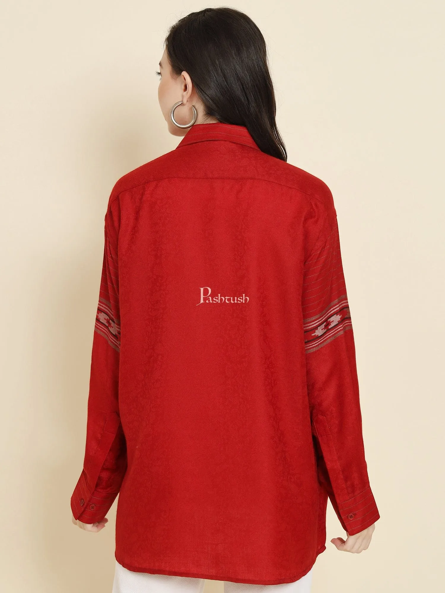 Pashtush Womens Oversized Casual Woollen Shirt, Cherry Red