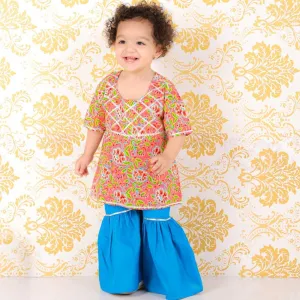 Peach and Mosaic Girls Kurta Sharara Set