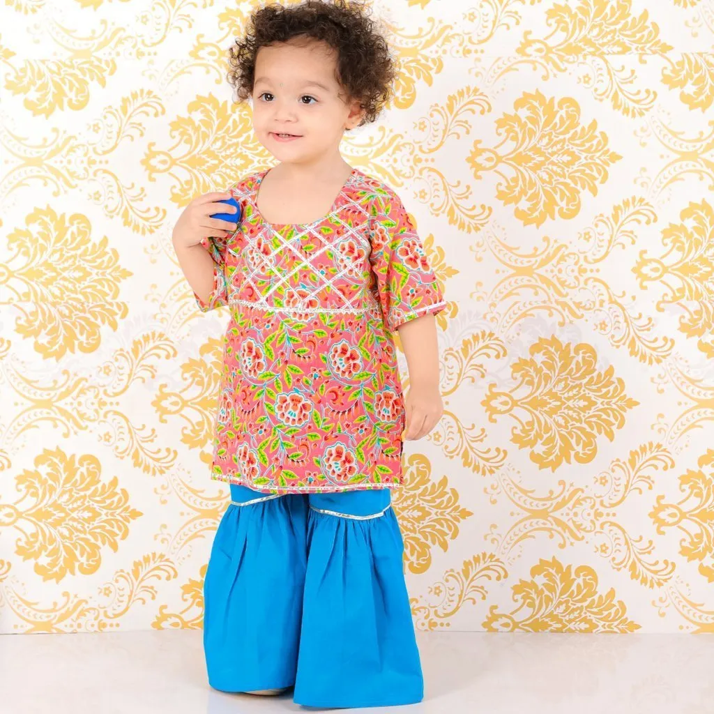 Peach and Mosaic Girls Kurta Sharara Set