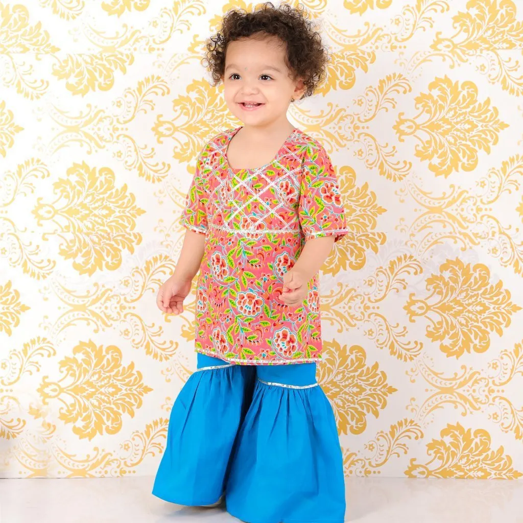 Peach and Mosaic Girls Kurta Sharara Set