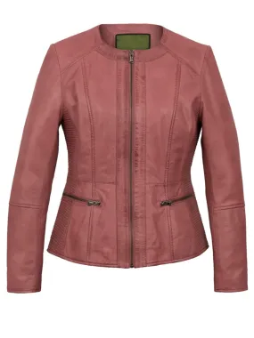 Pink Collarless Leather Jacket