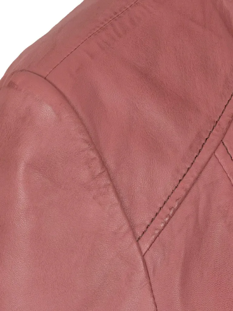 Pink Collarless Leather Jacket