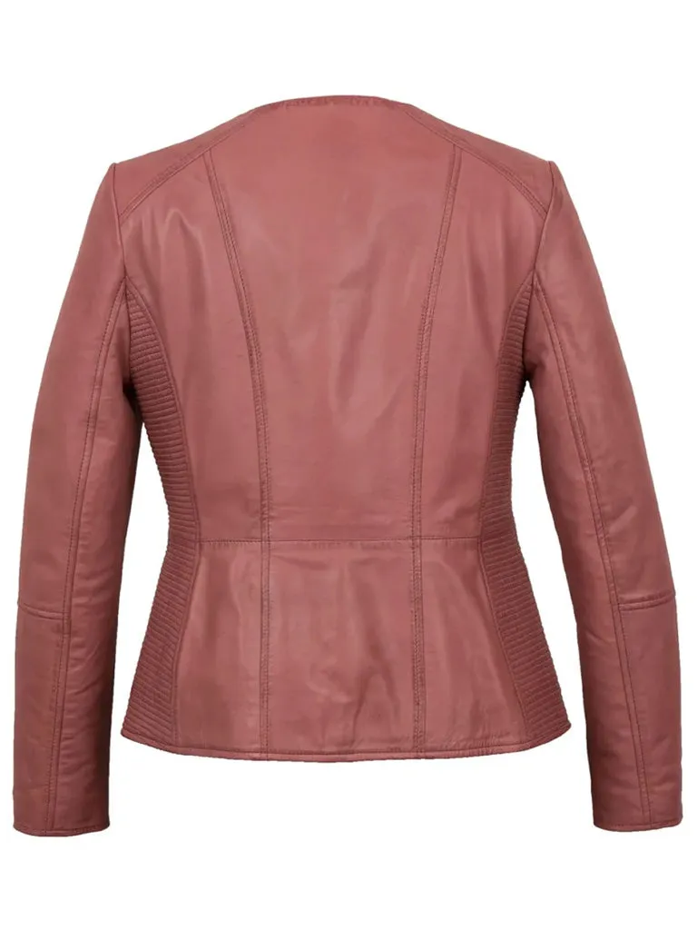 Pink Collarless Leather Jacket