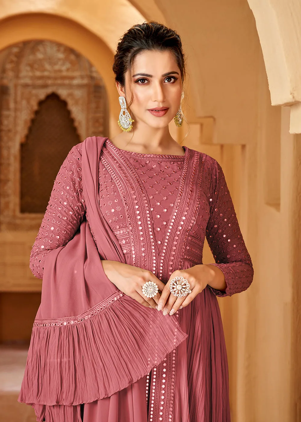 Pink Crushed Georgette Mirror Lucknowi Work Anarkali Dress