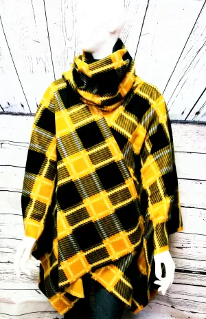 Plaid Fleece Wrap Open Front Poncho Cape Shawl with Matching Scarf