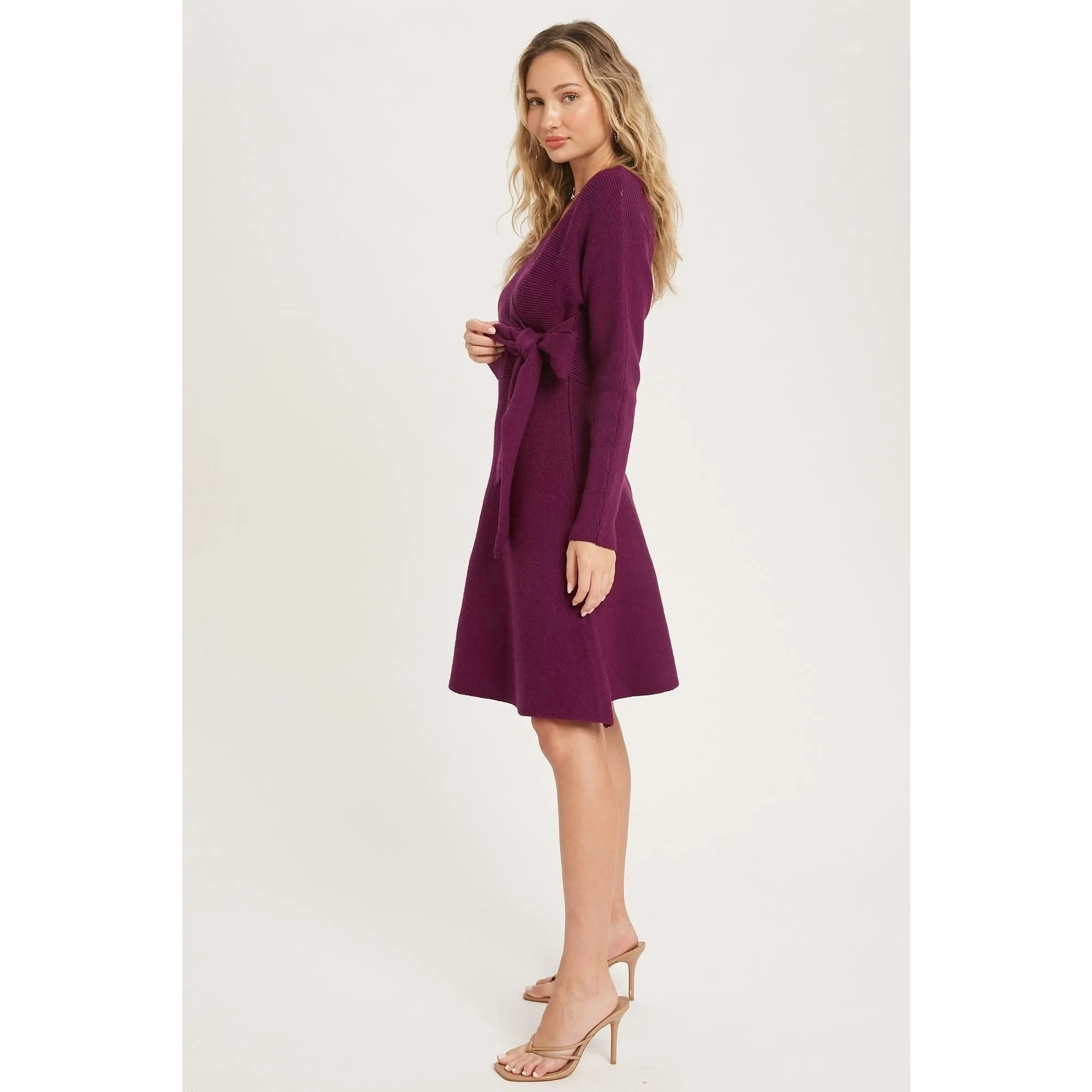 Plum Surplice Wrap sweater Dress