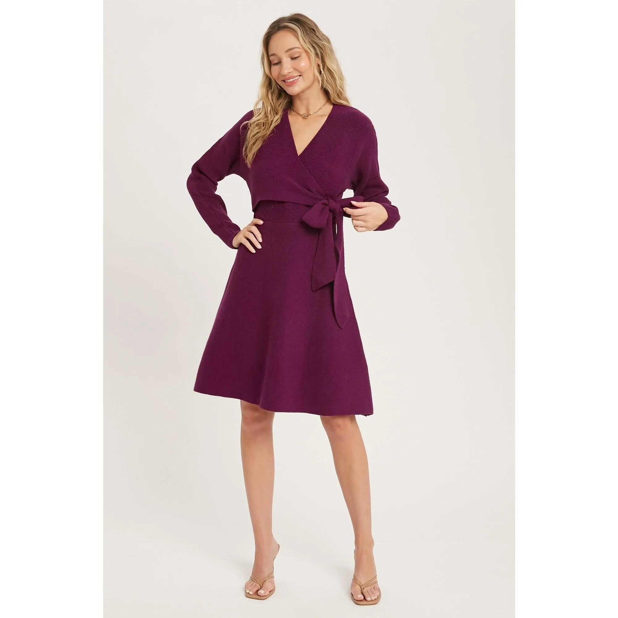 Plum Surplice Wrap sweater Dress