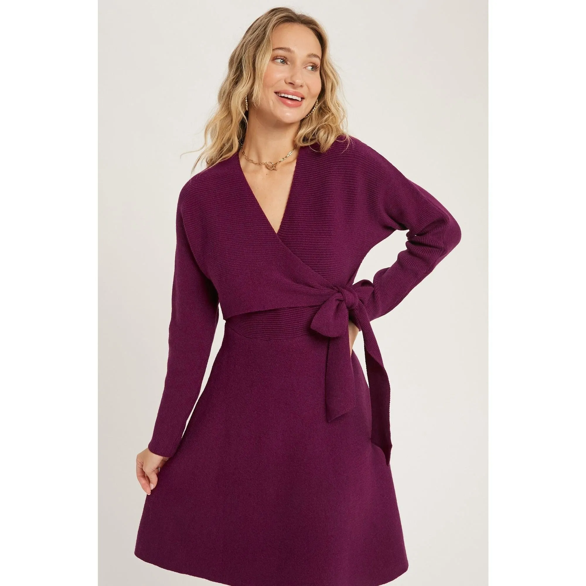 Plum Surplice Wrap sweater Dress