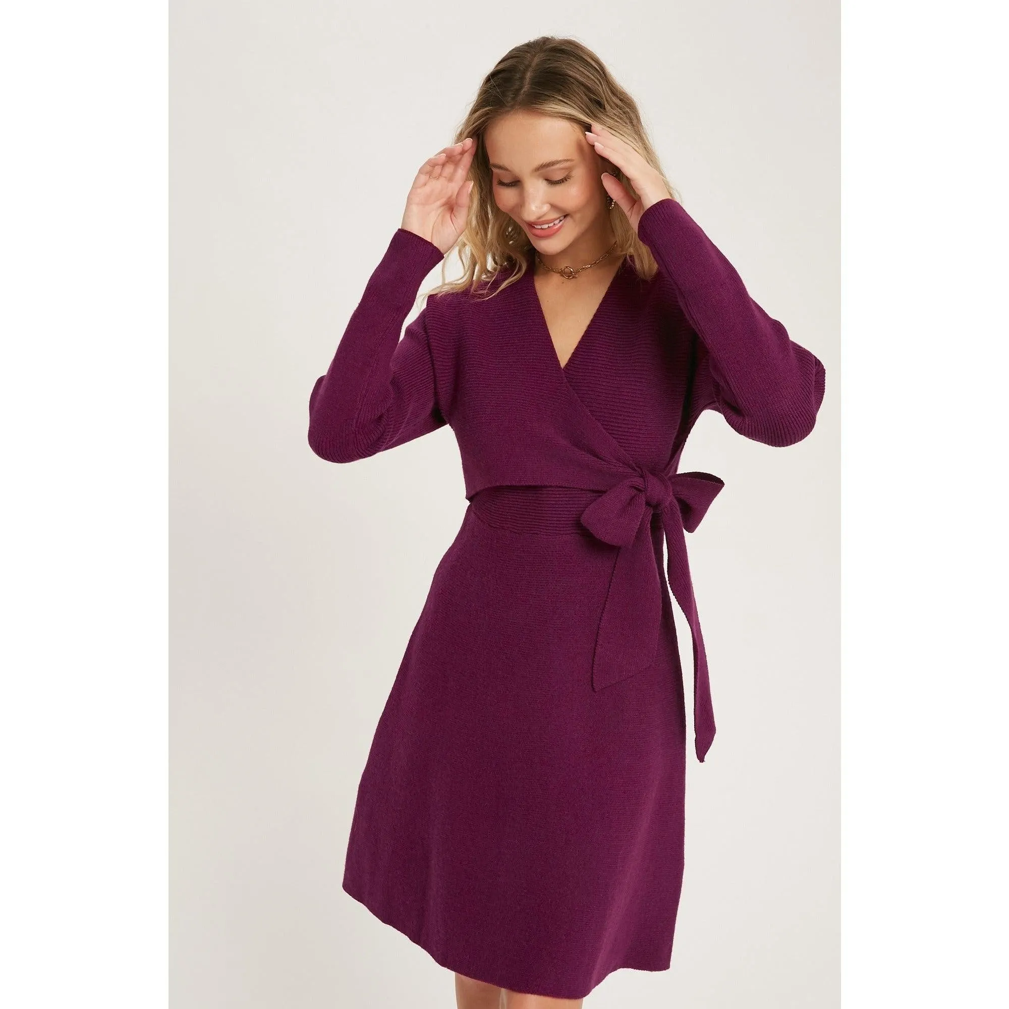 Plum Surplice Wrap sweater Dress