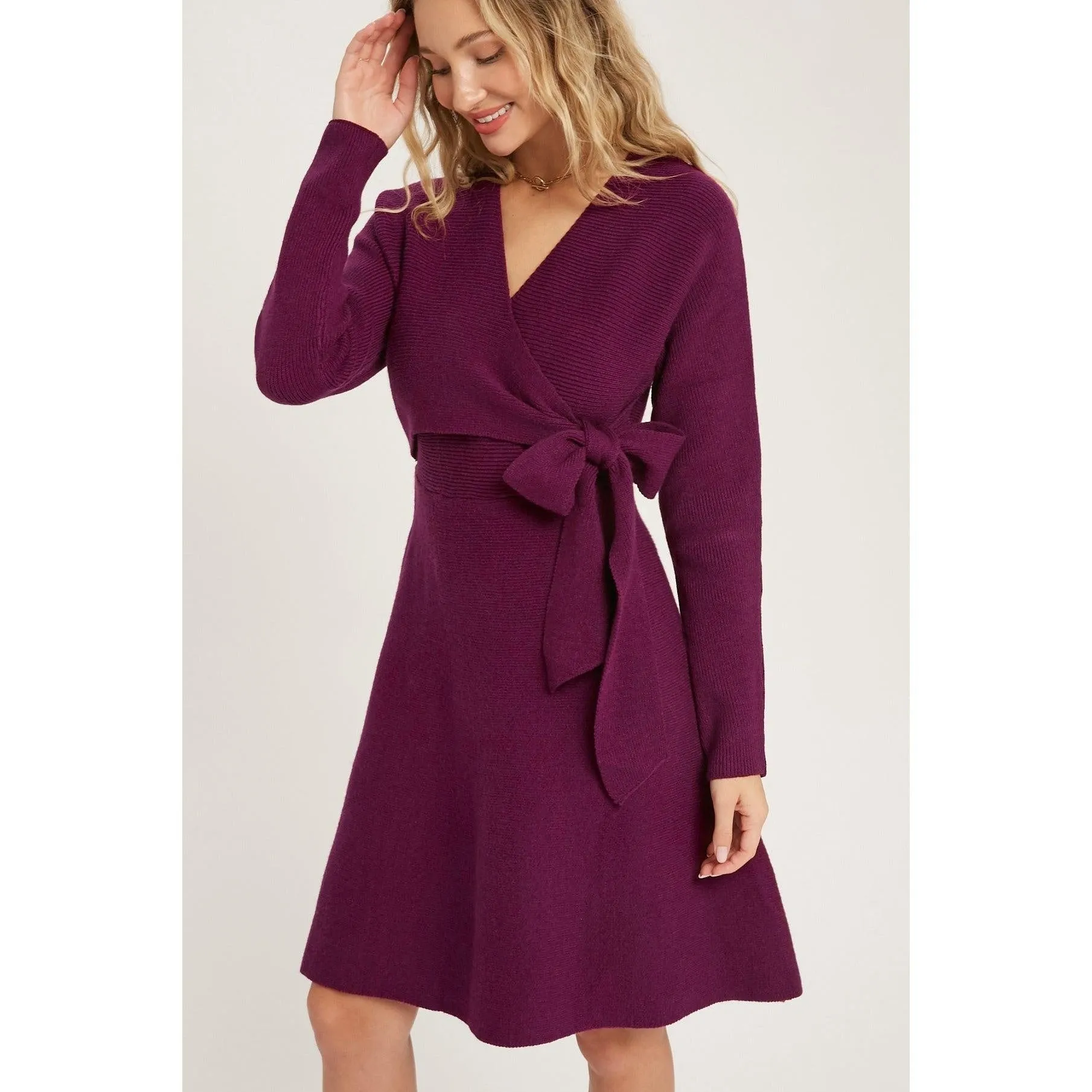 Plum Surplice Wrap sweater Dress