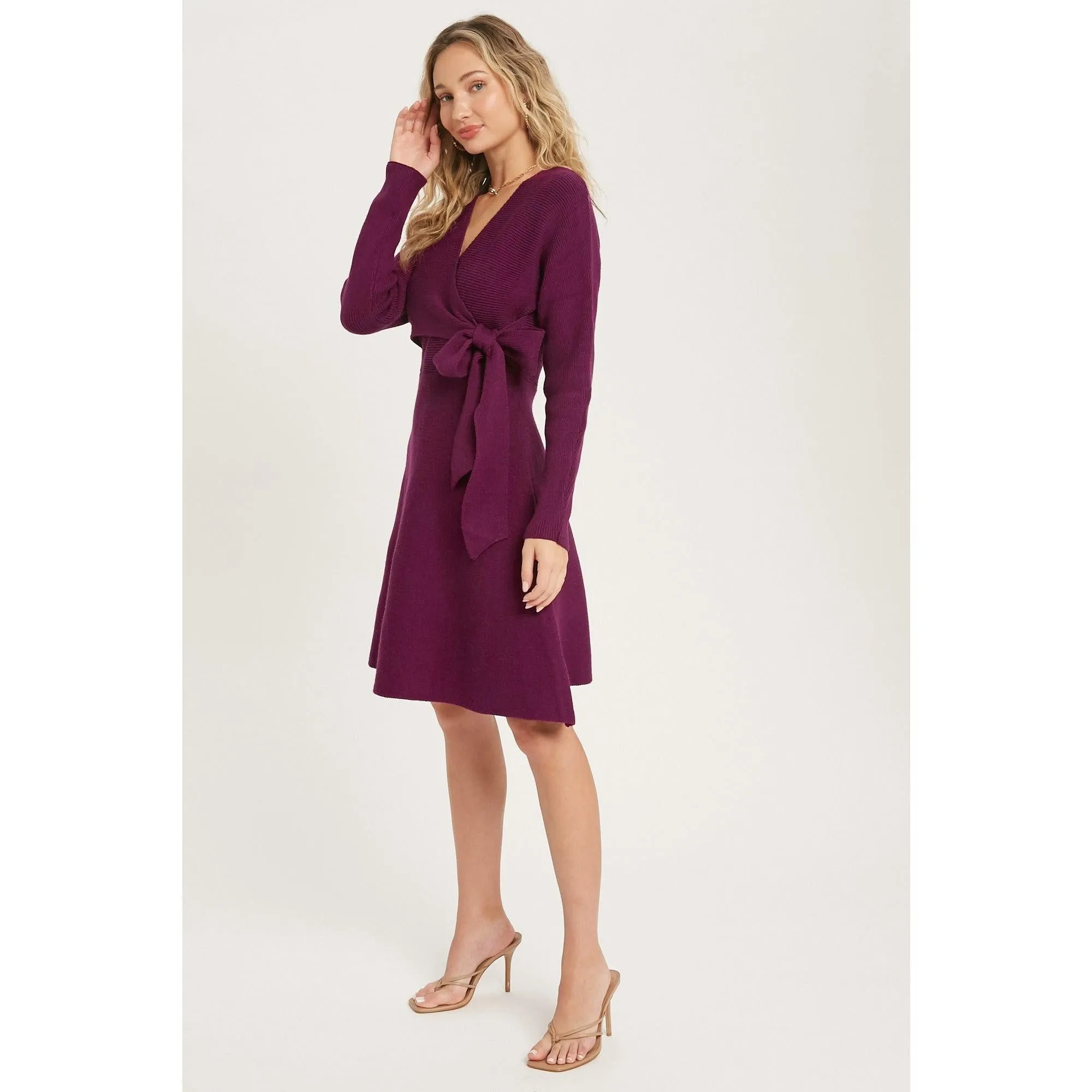 Plum Surplice Wrap sweater Dress