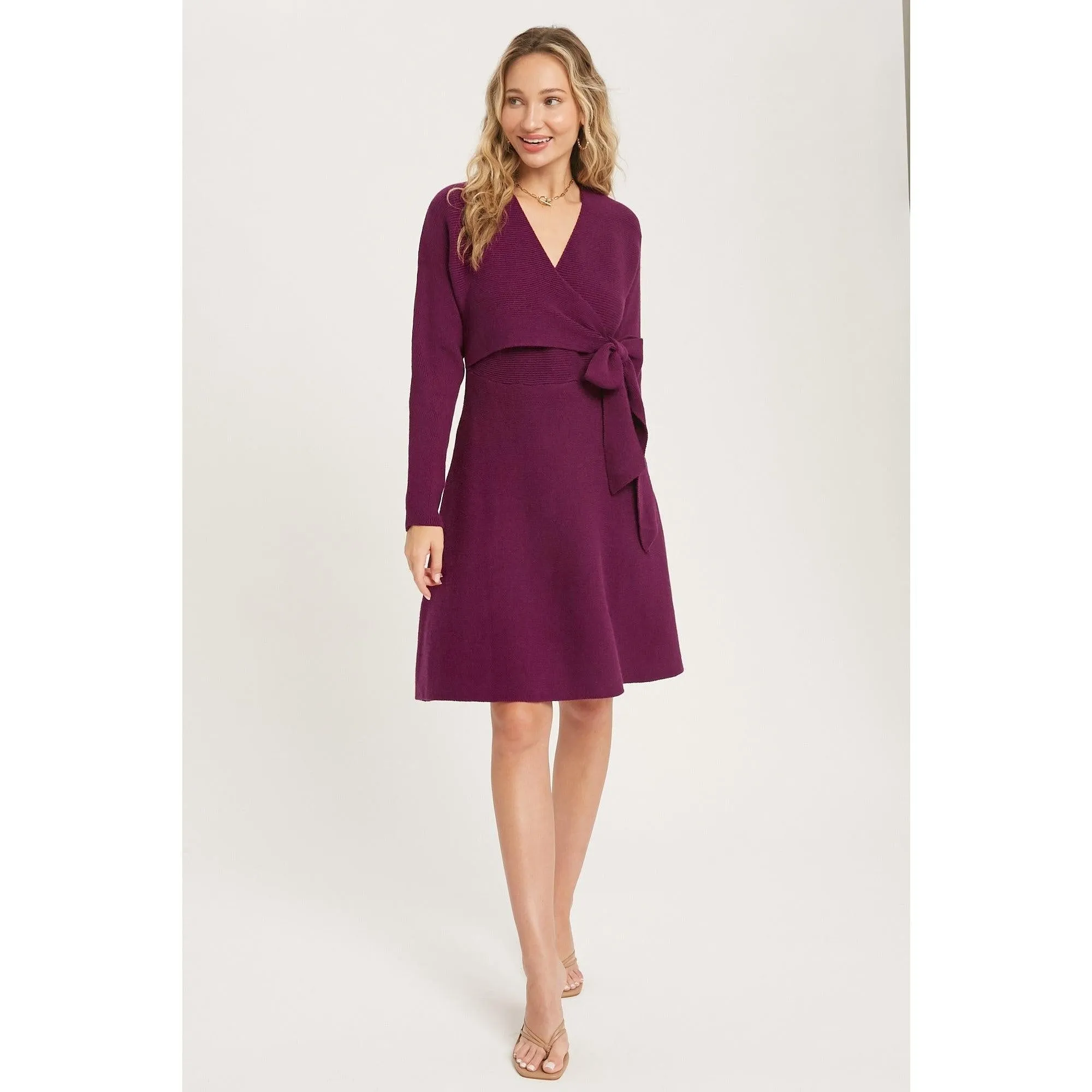 Plum Surplice Wrap sweater Dress