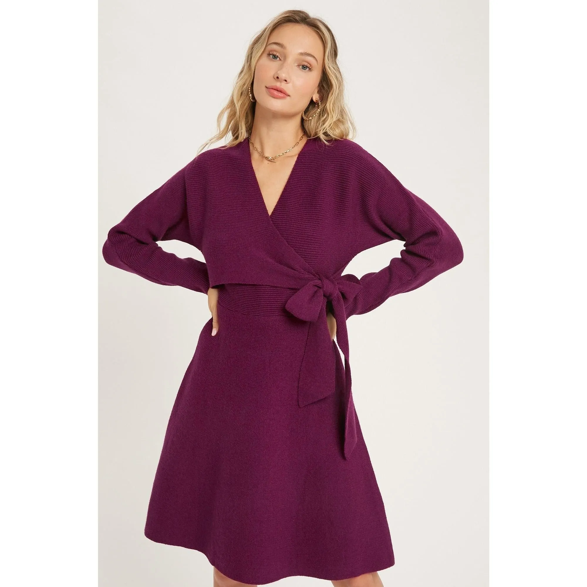 Plum Surplice Wrap sweater Dress