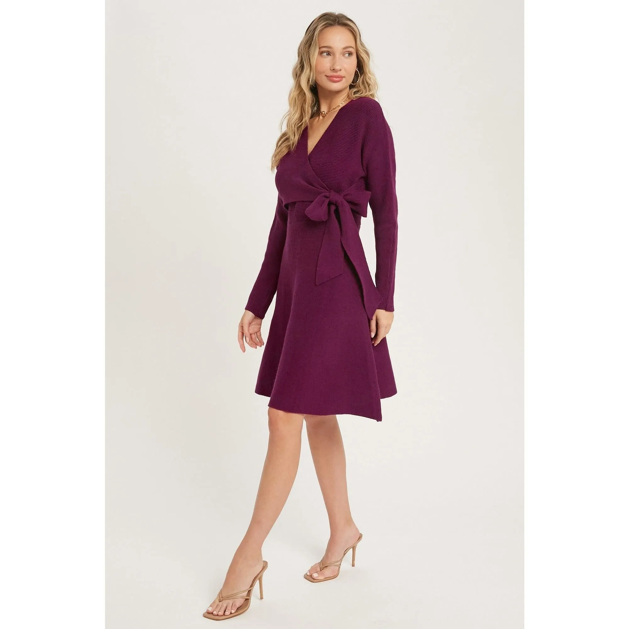 Plum Surplice Wrap sweater Dress