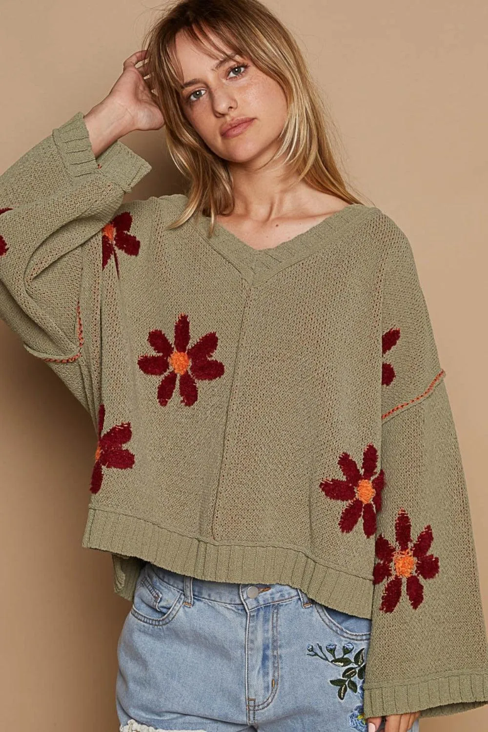 POL Sweater V-Neck Floral Pattern Chenille Long Sleeve Oversized