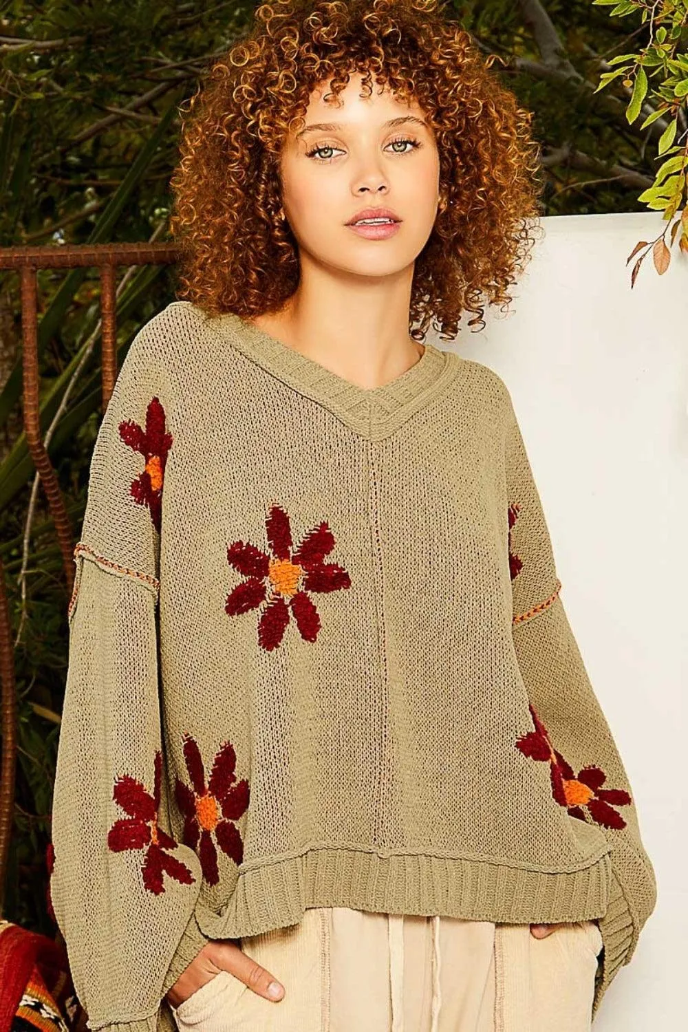 POL Sweater V-Neck Floral Pattern Chenille Long Sleeve Oversized