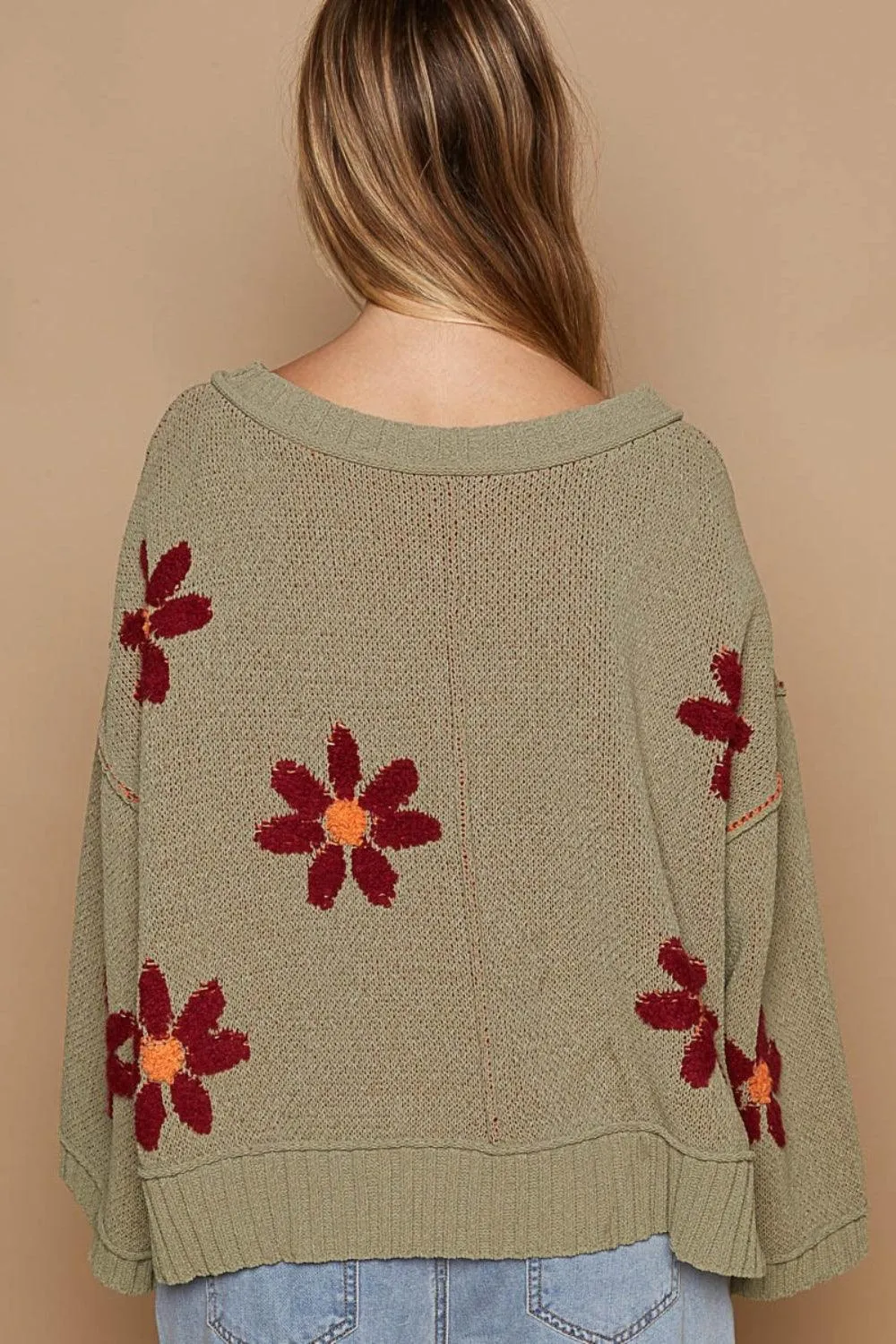 POL Sweater V-Neck Floral Pattern Chenille Long Sleeve Oversized