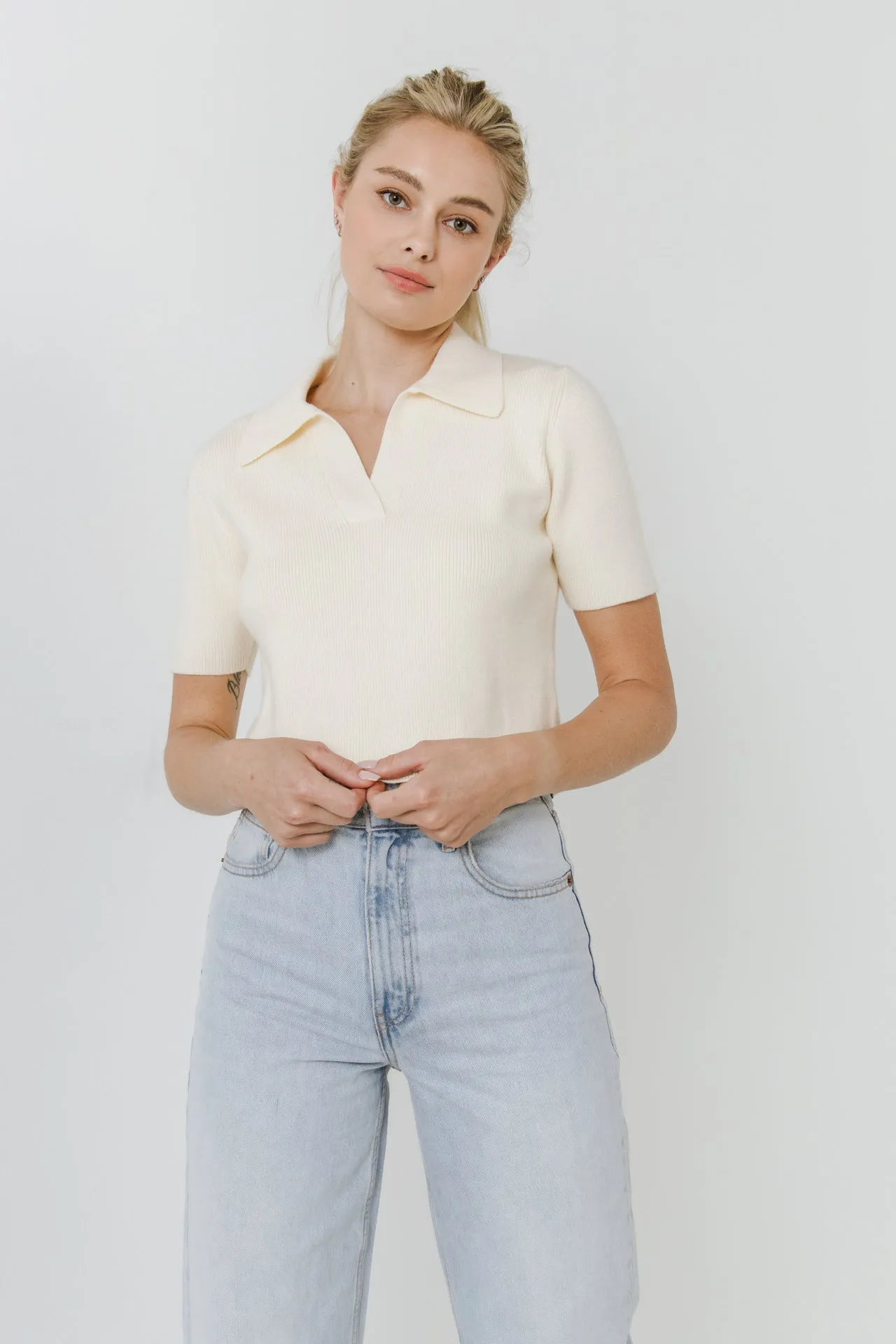 Polo Collar Crop Knit Sweater