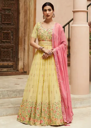 Premium Georgette Light Yellow Embellished Anarkali Dress