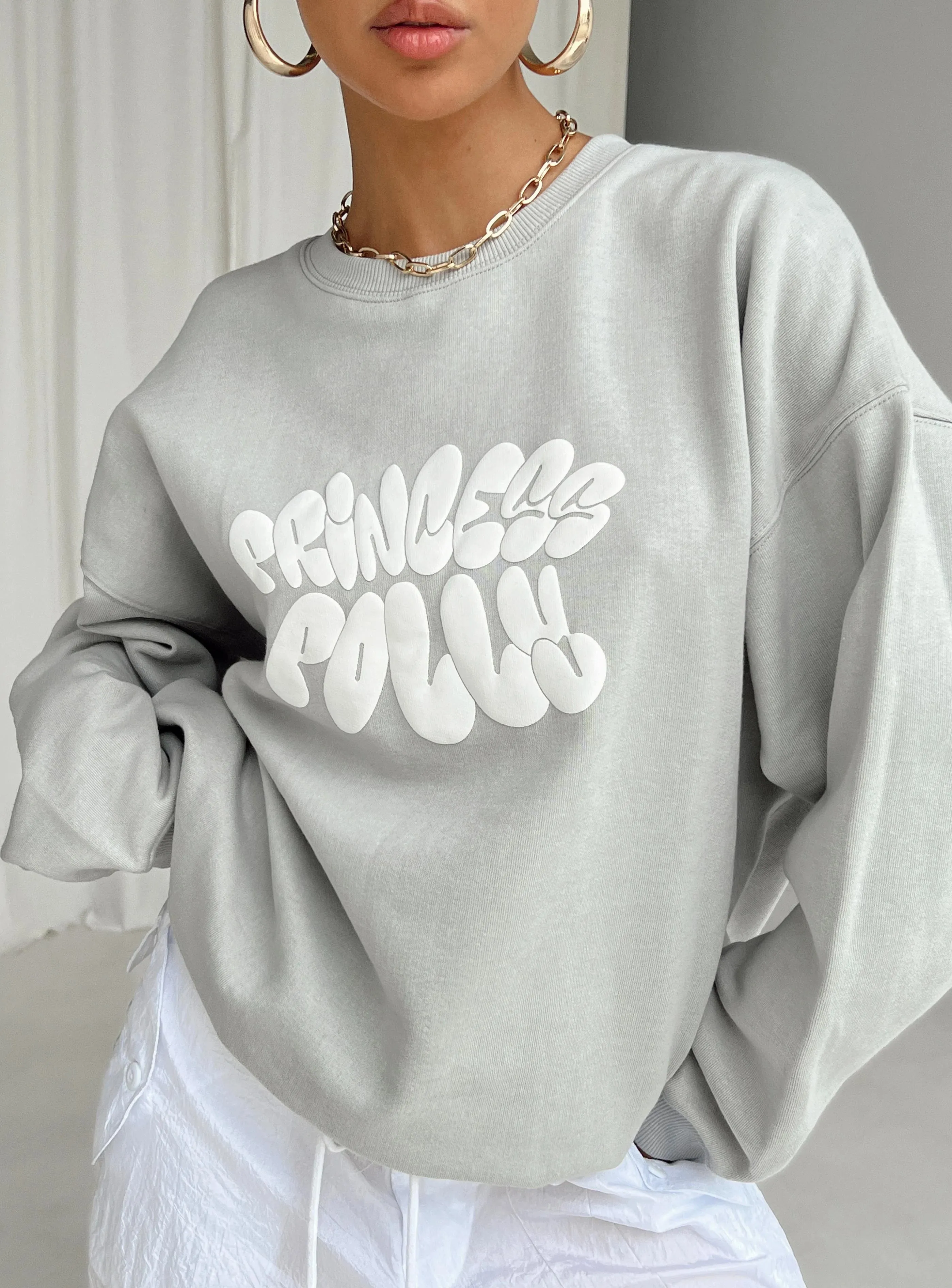 Princess Polly Crew Neck Sweatshirt Bubble Text Grey / Cloud White