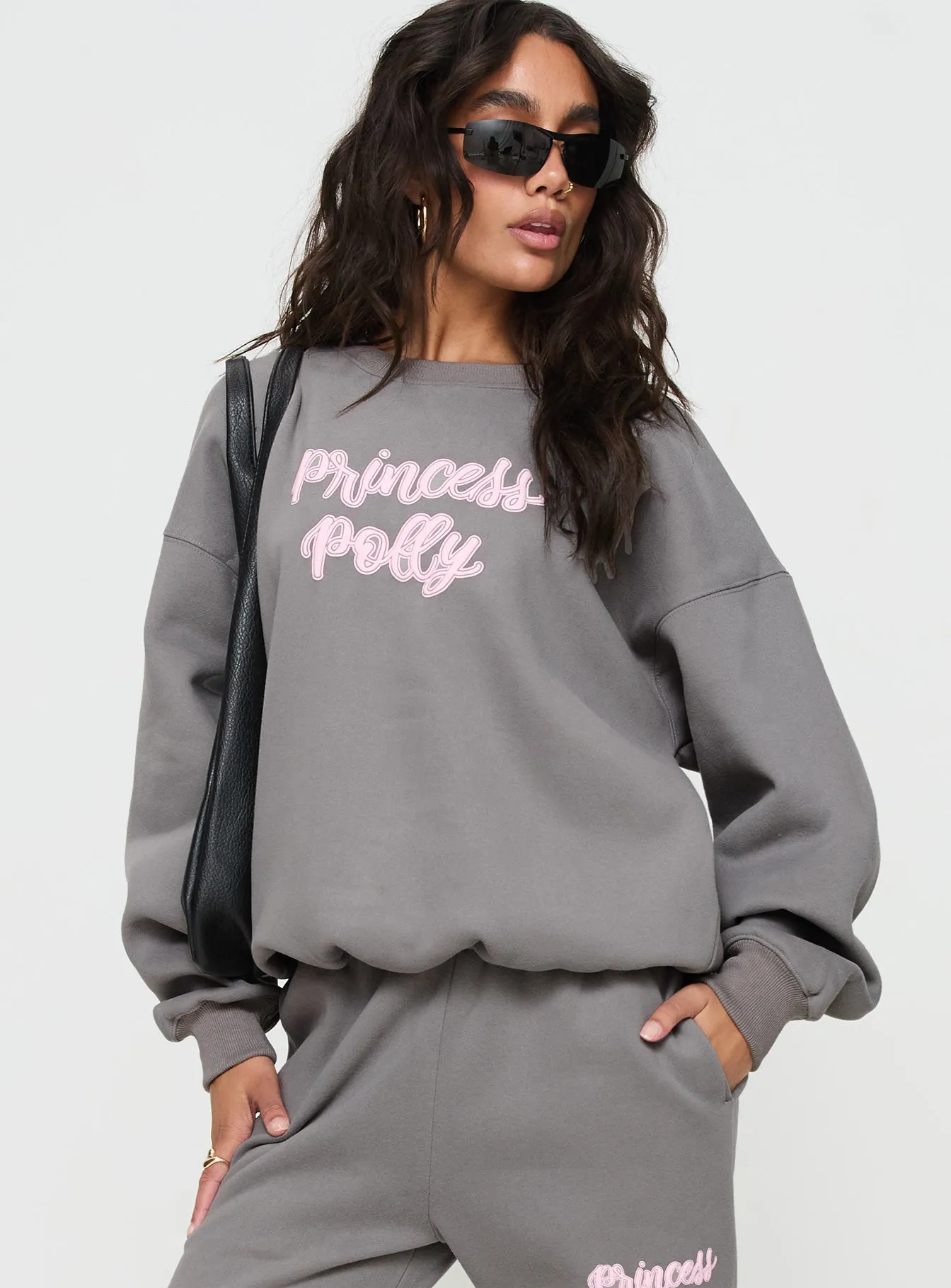 Princess Polly Crew Neck Sweatshirt Puff Text Charcoal