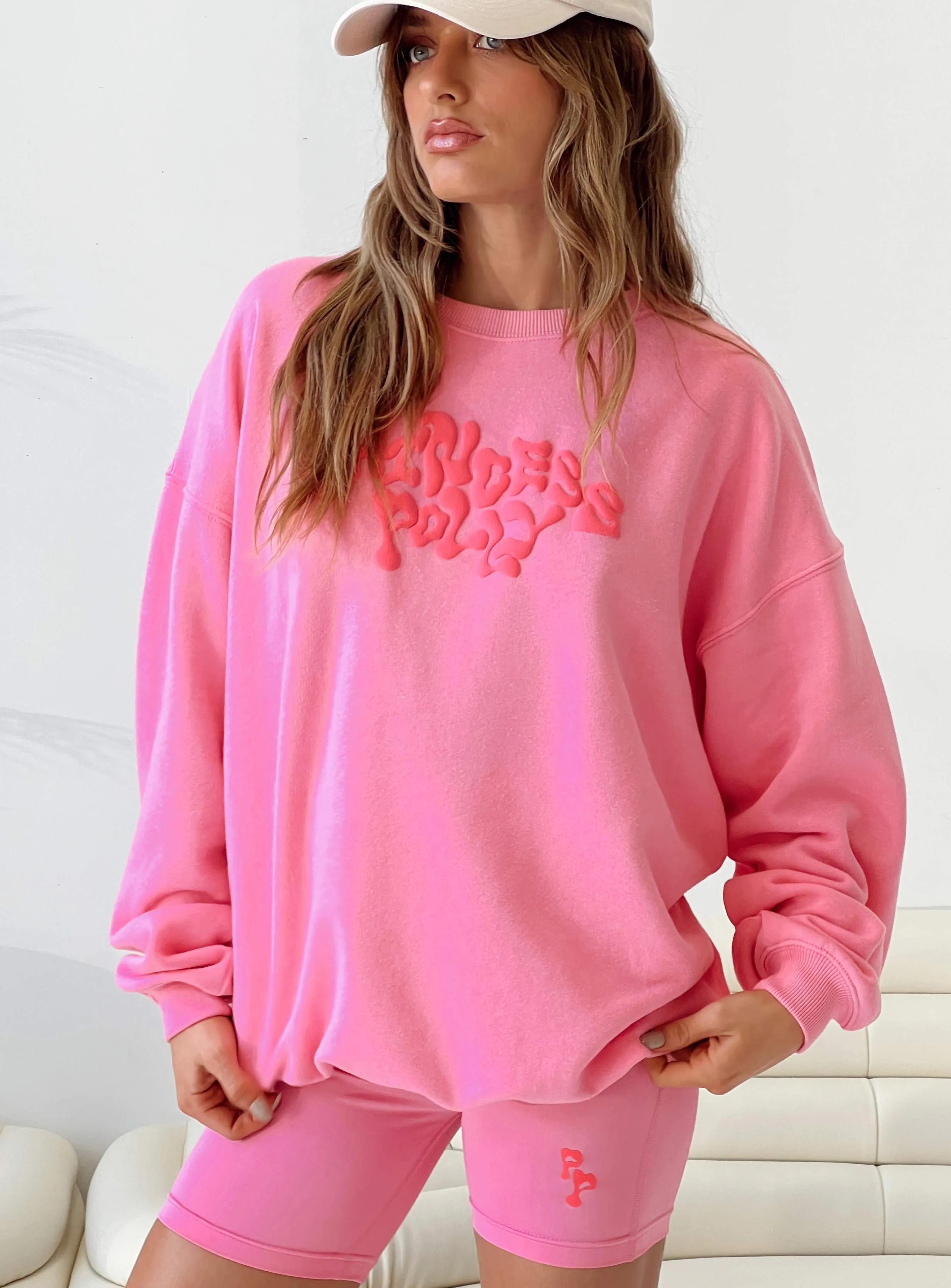 Princess Polly Crew Neck Sweatshirt Squiggle Text Watermelon Pink / Rose