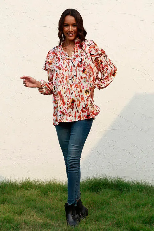 Printed Nochted Neck Ruffled Blouse