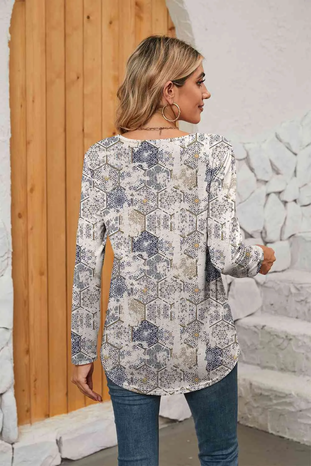 Printed Square Neck Long Sleeve Blouse