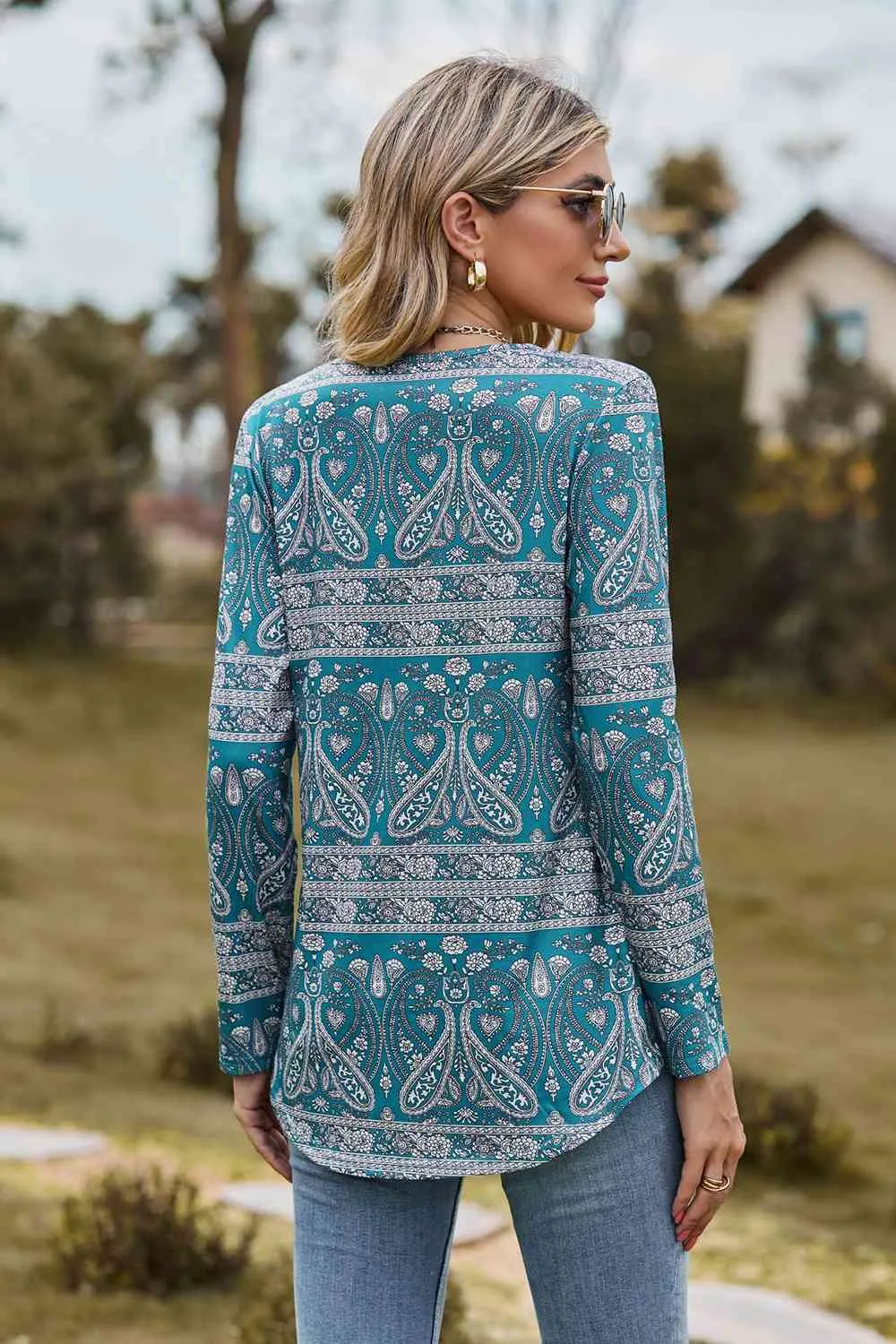 Printed Square Neck Long Sleeve Blouse