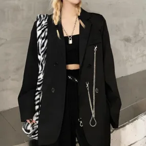 Punk Style Black Oversized Suit Blazer Jacket With Chain