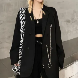 Punk Style Black Oversized Suit Blazer Jacket With Chain