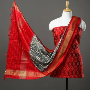 Red - 2pc Mulberry Silk Pochampally Ikat Dress Material Set 11