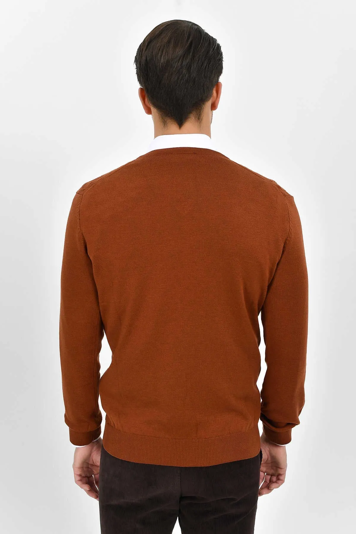 Regular Fit Plain Cotton Blend Burgundy V-Neck Sweater, Cinnamon