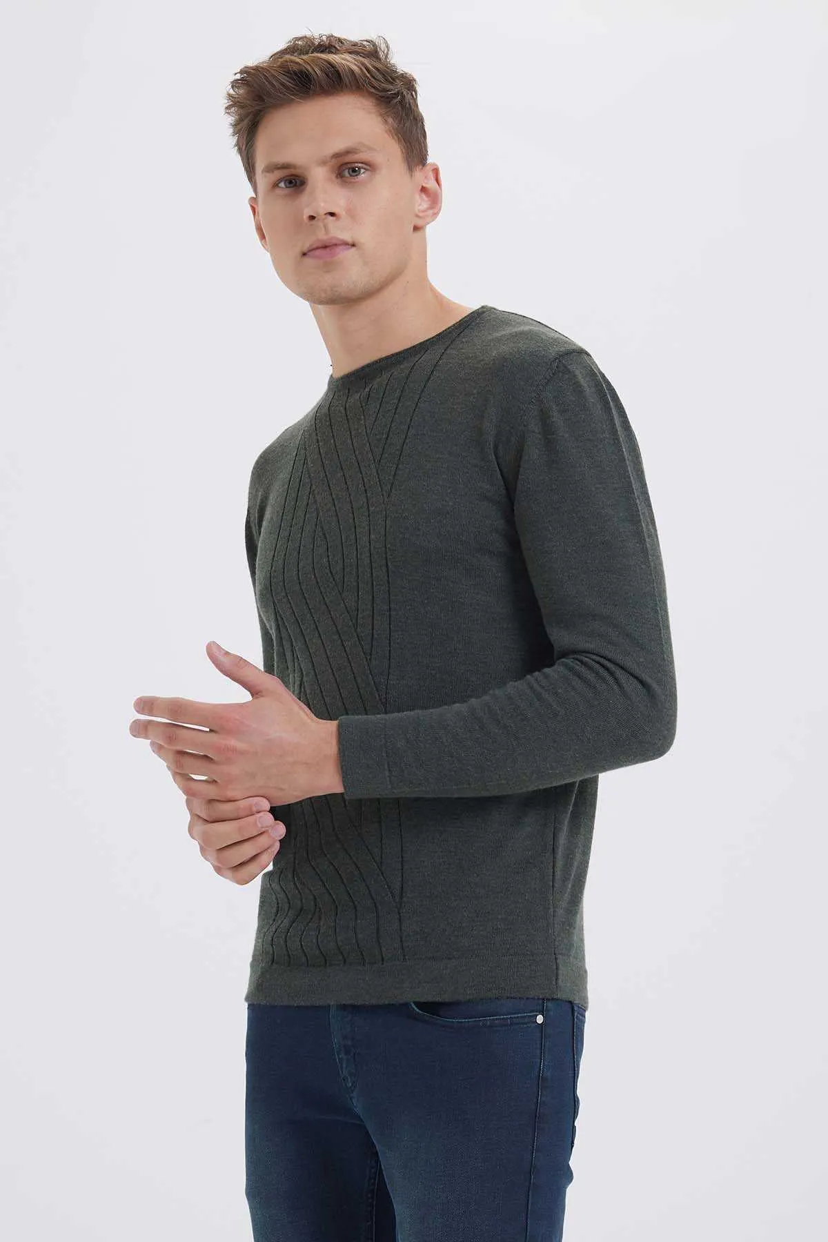 Regular Fit Plain Wool Blend Navy Crewneck Sweater, Khaki