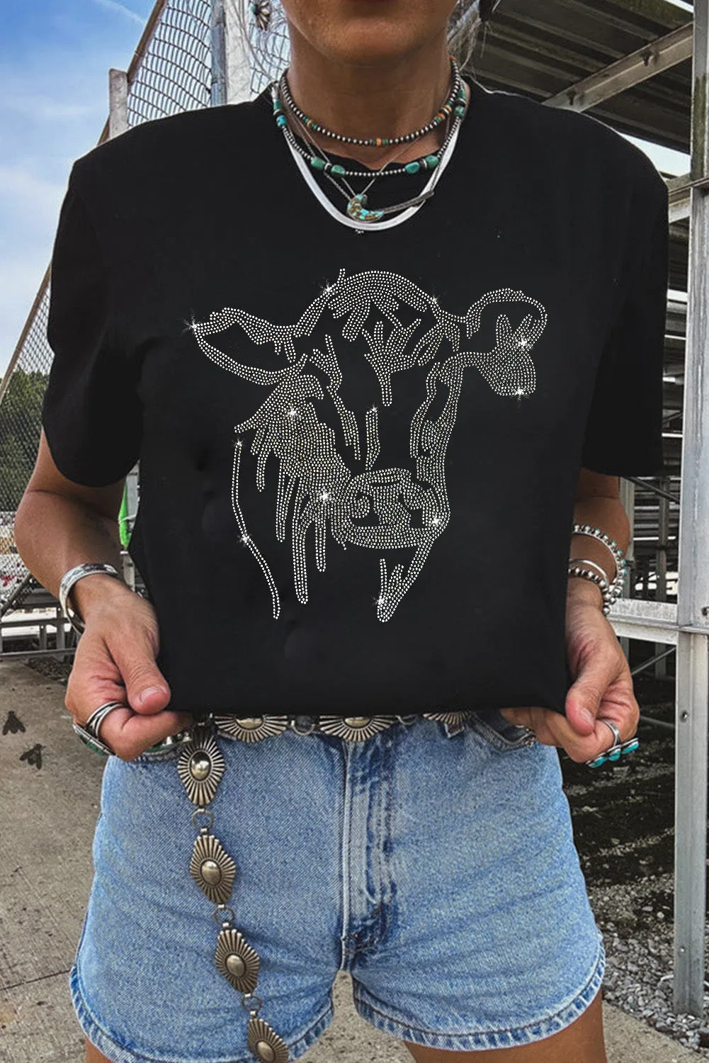 Rhinestone Steer Head Graphic T Shirt by Gothic Outlaws: Yeehaw, it’s time to sparkle and ride!