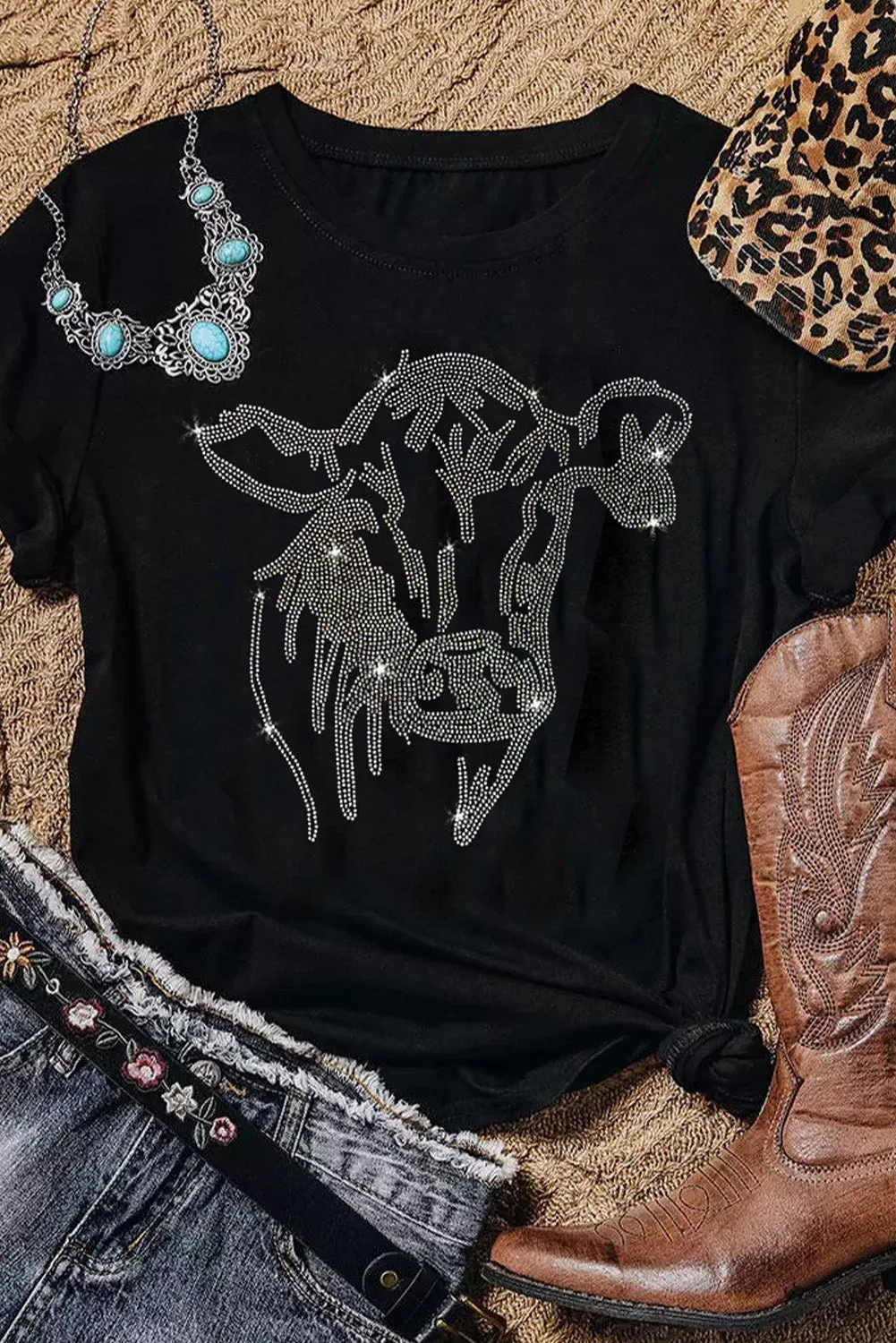 Rhinestone Steer Head Graphic T Shirt by Gothic Outlaws: Yeehaw, it’s time to sparkle and ride!