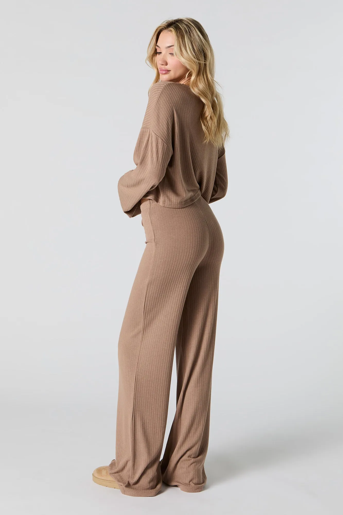 Ribbed Knit Wide Leg Drawstring Pant