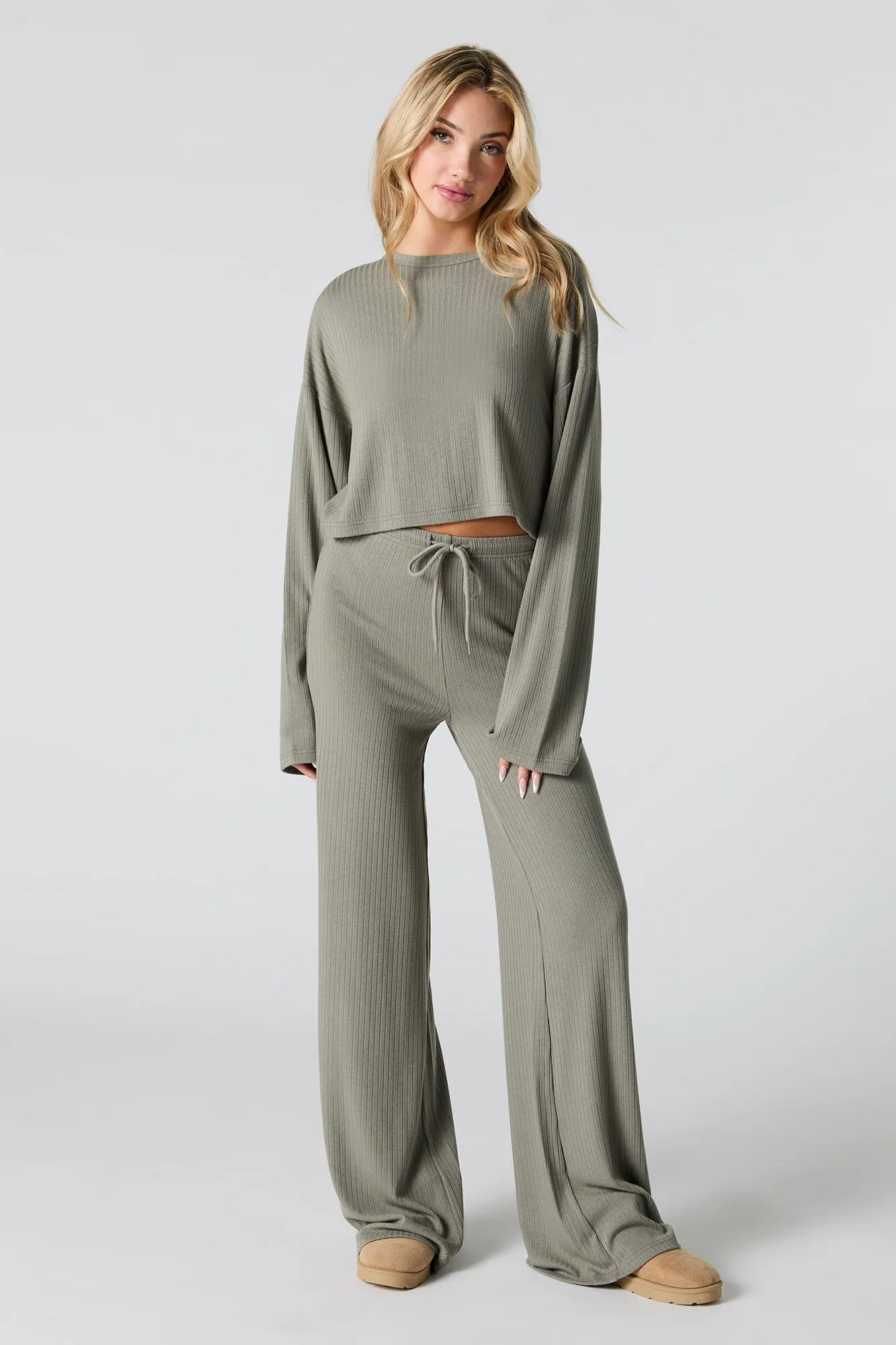 Ribbed Knit Wide Leg Drawstring Pant