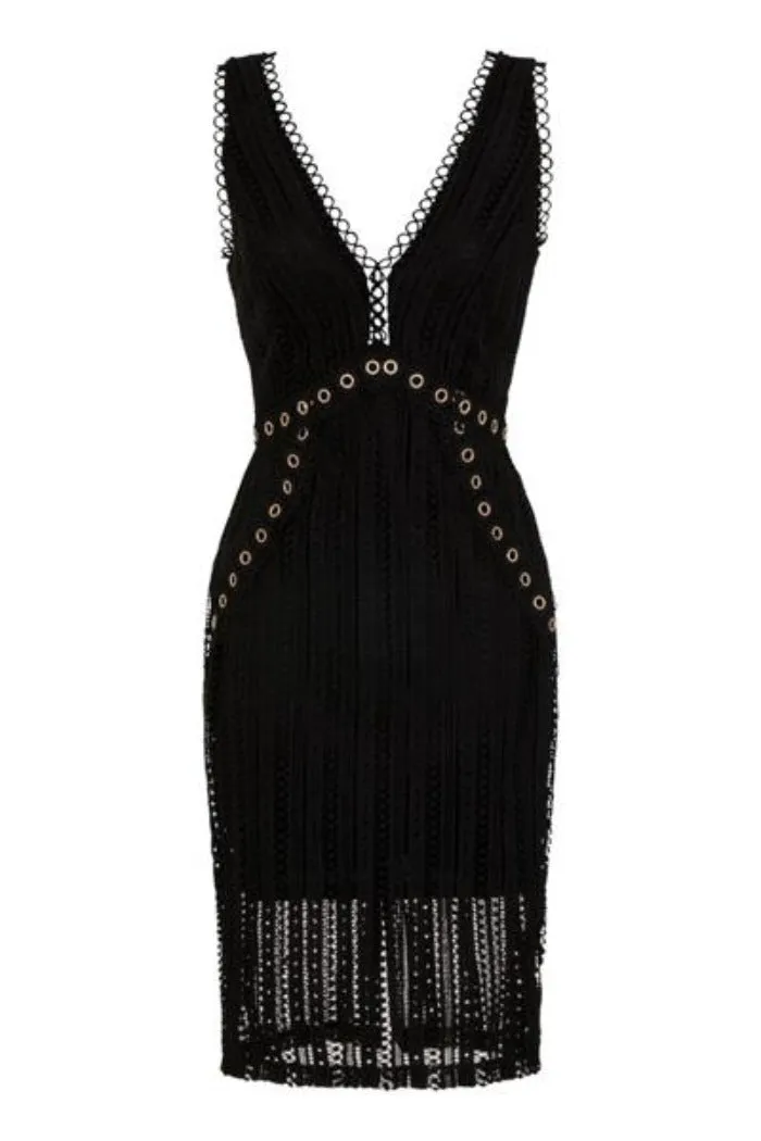 Rio Black Plunge Crochet Rivet Bodycon Midi Dress